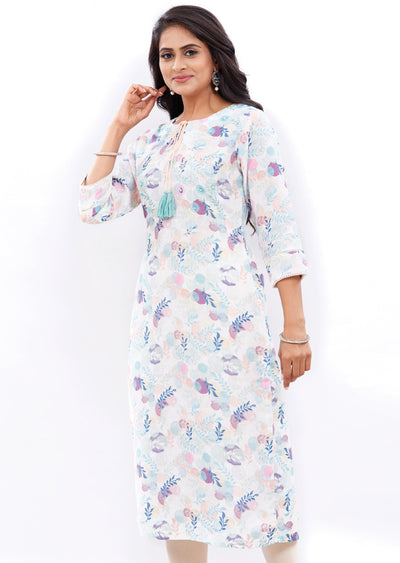 Off White & Multi Linen Kurti Straight Cut