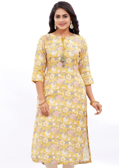 Yellow Linen Kurti Straight Cut