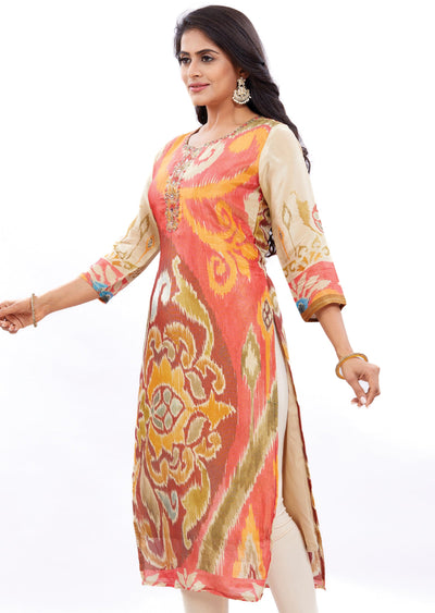 Multi Color Tissue Silk Kurti Straight Cut