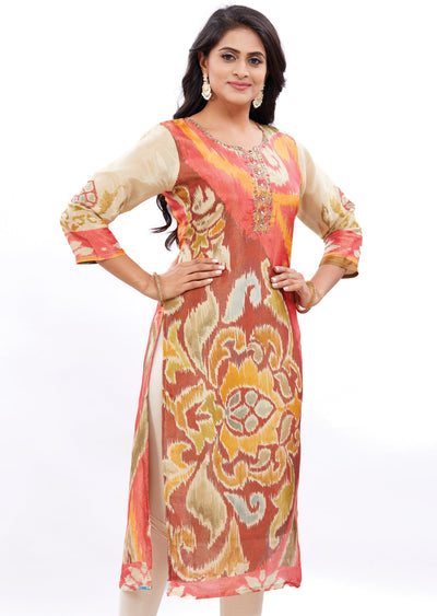 Multi Color Tissue Silk Kurti Straight Cut