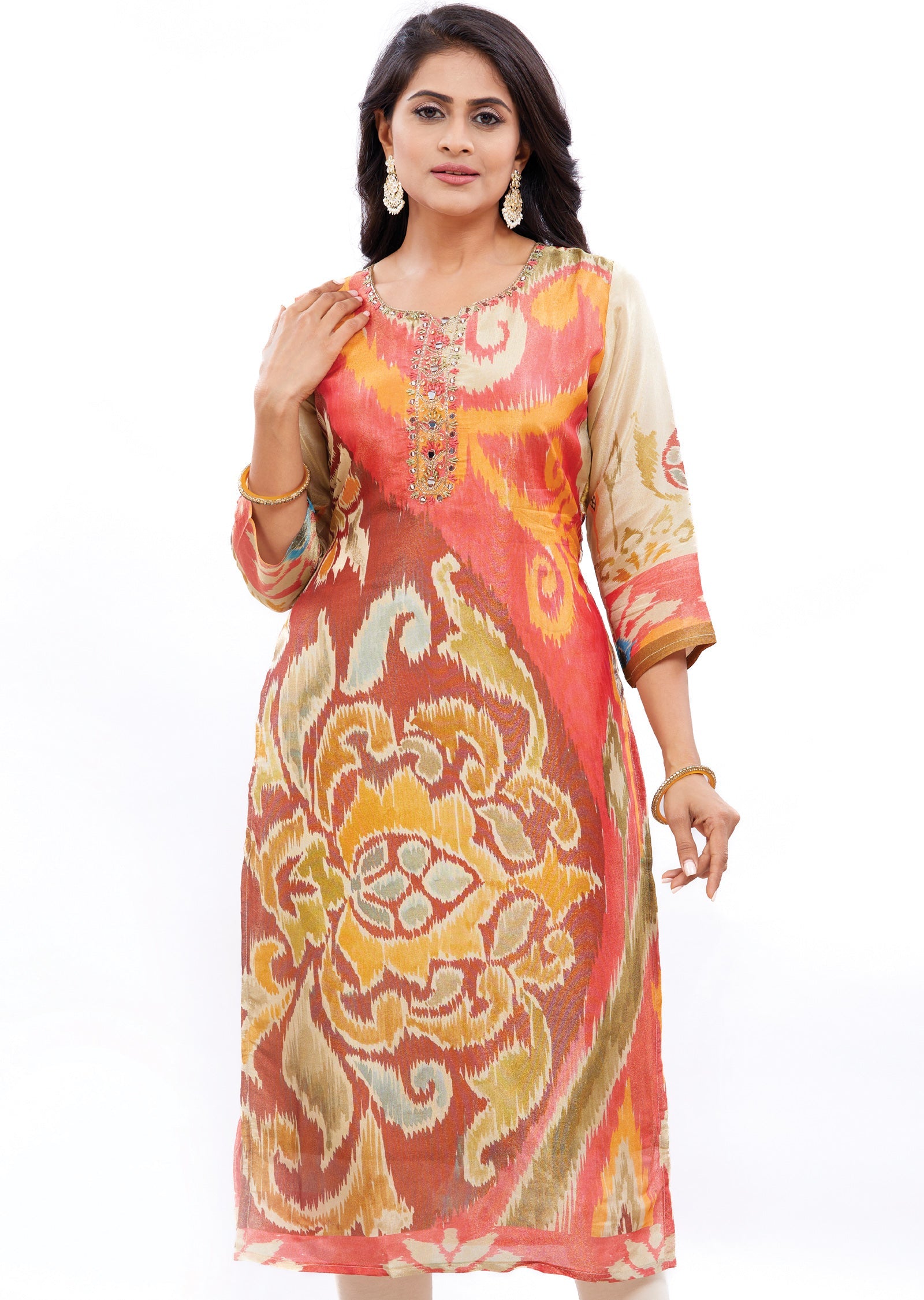 Multi Color Tissue Silk Kurti Straight Cut