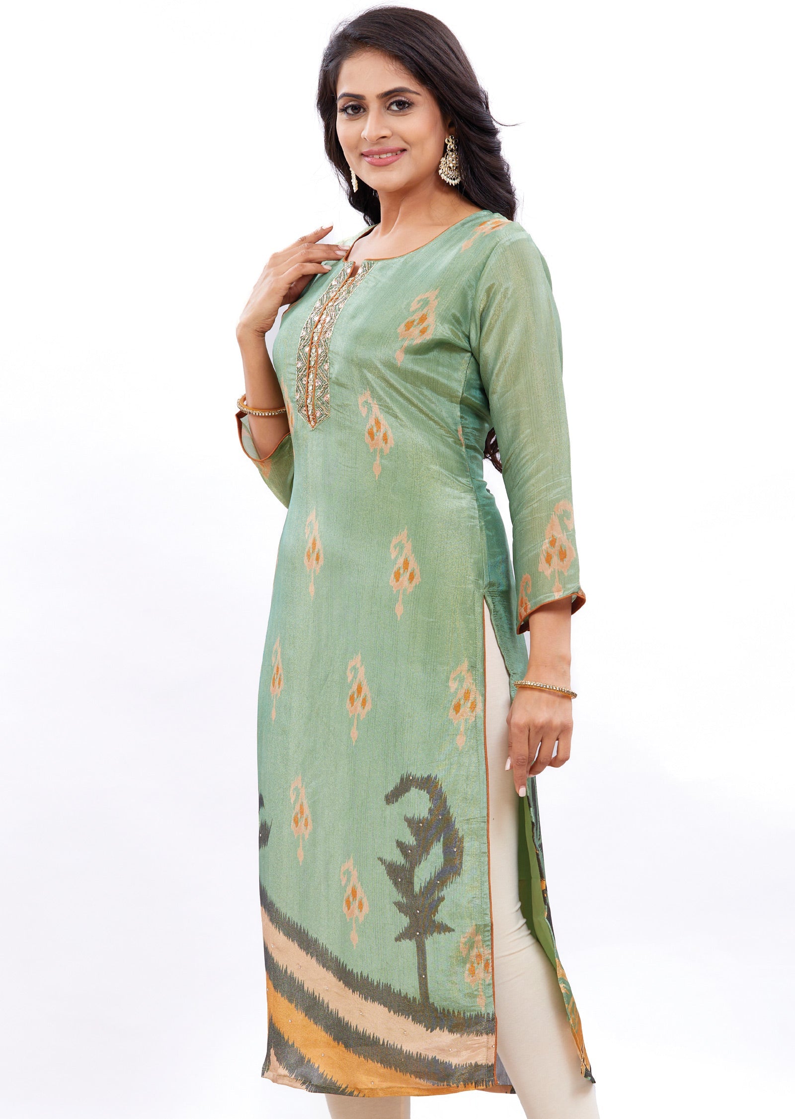 Mehndi Green Tissue Silk Kurti Straight Cut