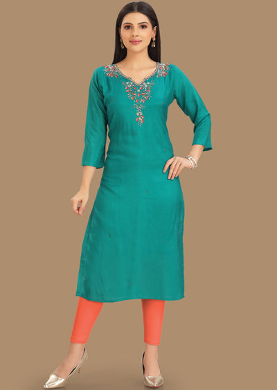 Rama Green Muslin Kurti Staright Cut