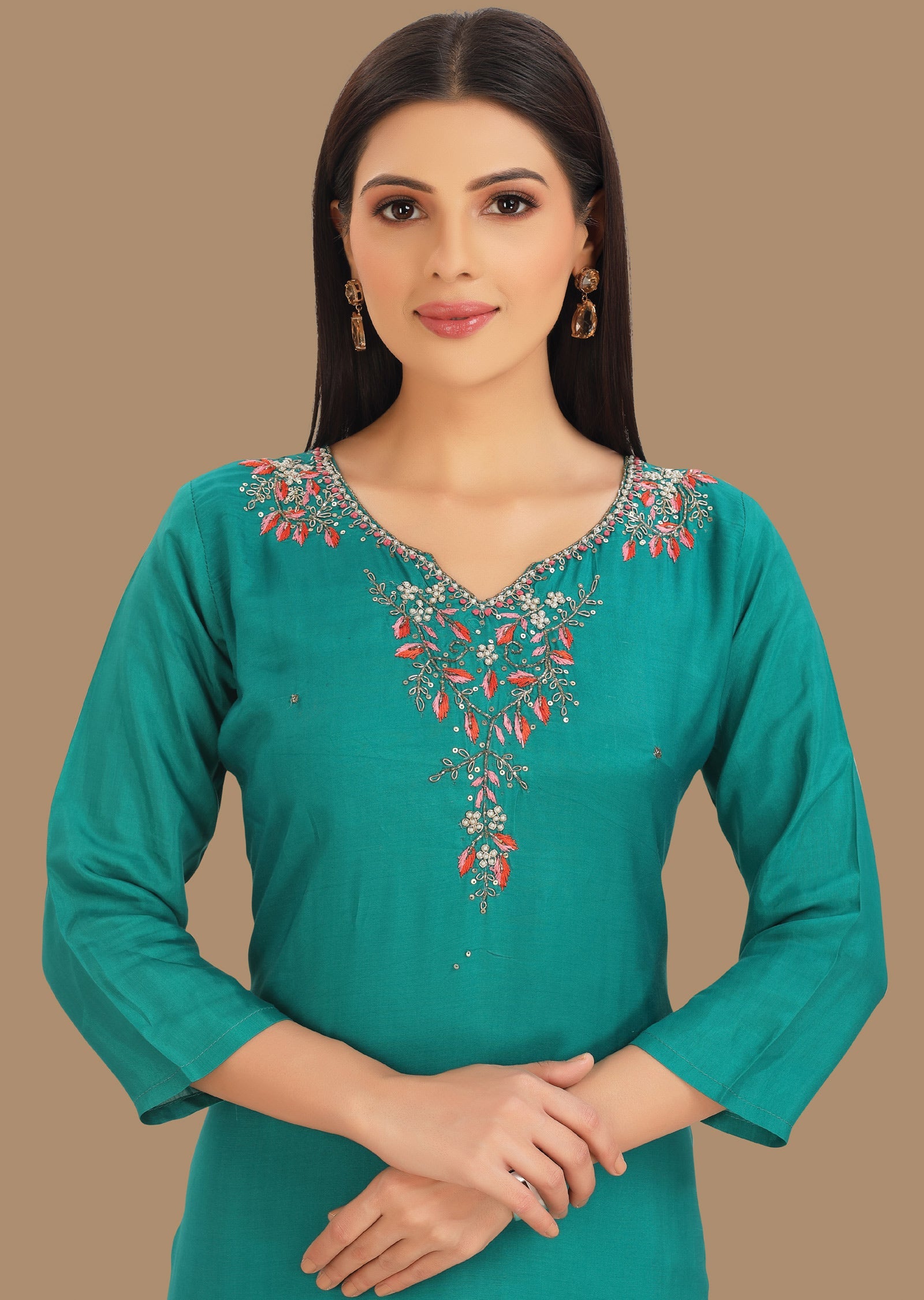 Rama Green Muslin Kurti Staright Cut