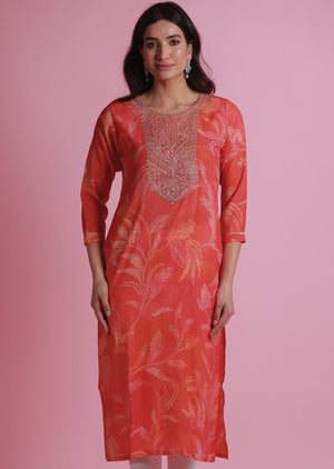 Orange & Pink Crush Georgette Kurti Staright Cut