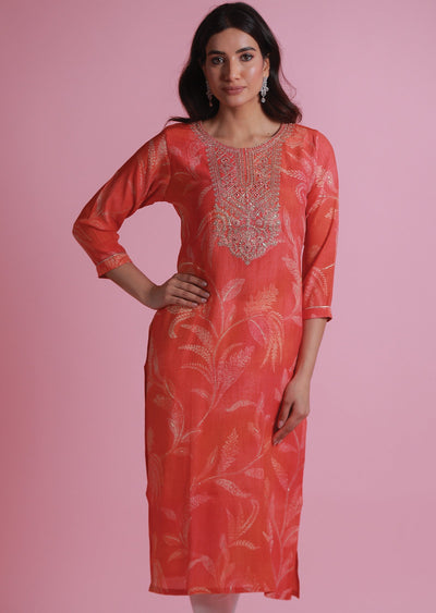 Orange & Pink Crush Georgette Kurti Staright Cut