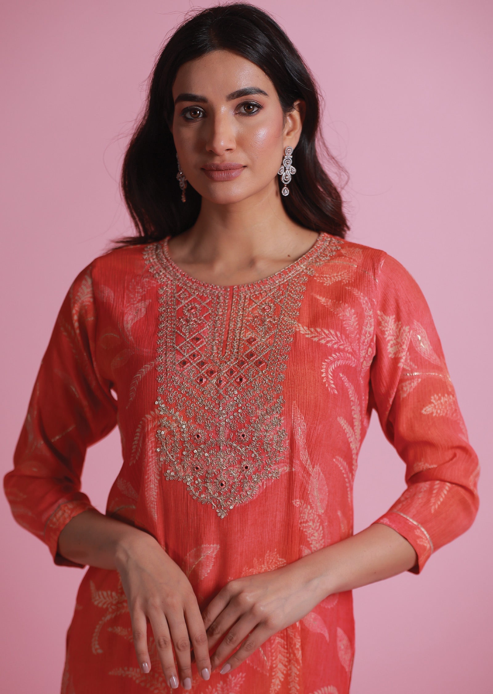 Orange & Pink Crush Georgette Kurti Staright Cut