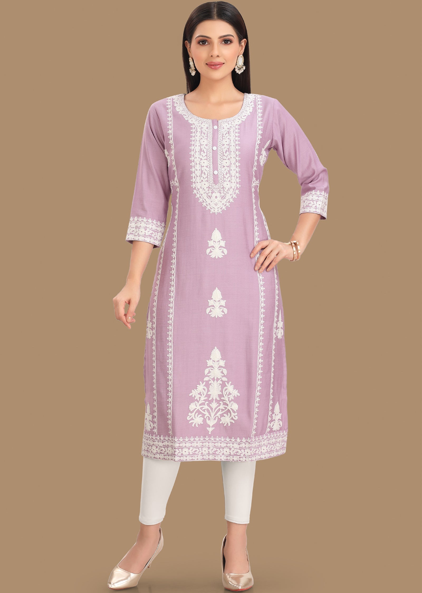 Light Lavender Gold Silk Kurti Staright Cut