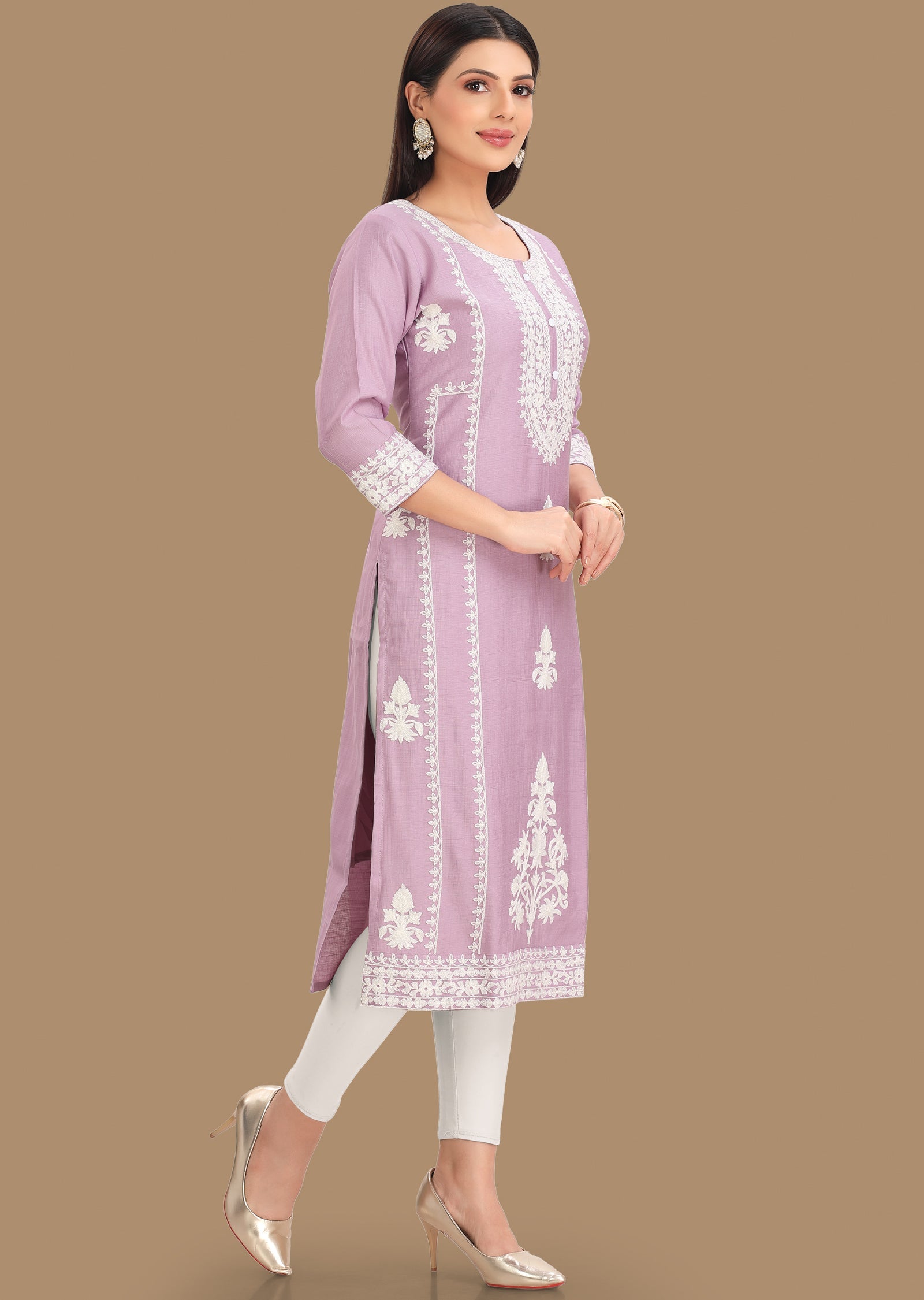 Light Lavender Gold Silk Kurti Staright Cut