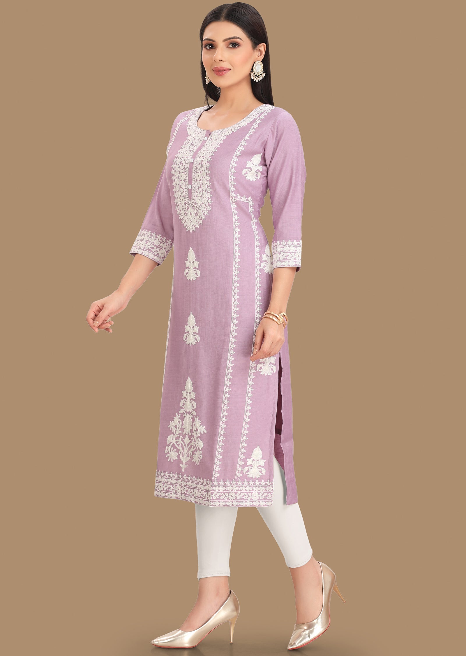 Light Lavender Gold Silk Kurti Staright Cut