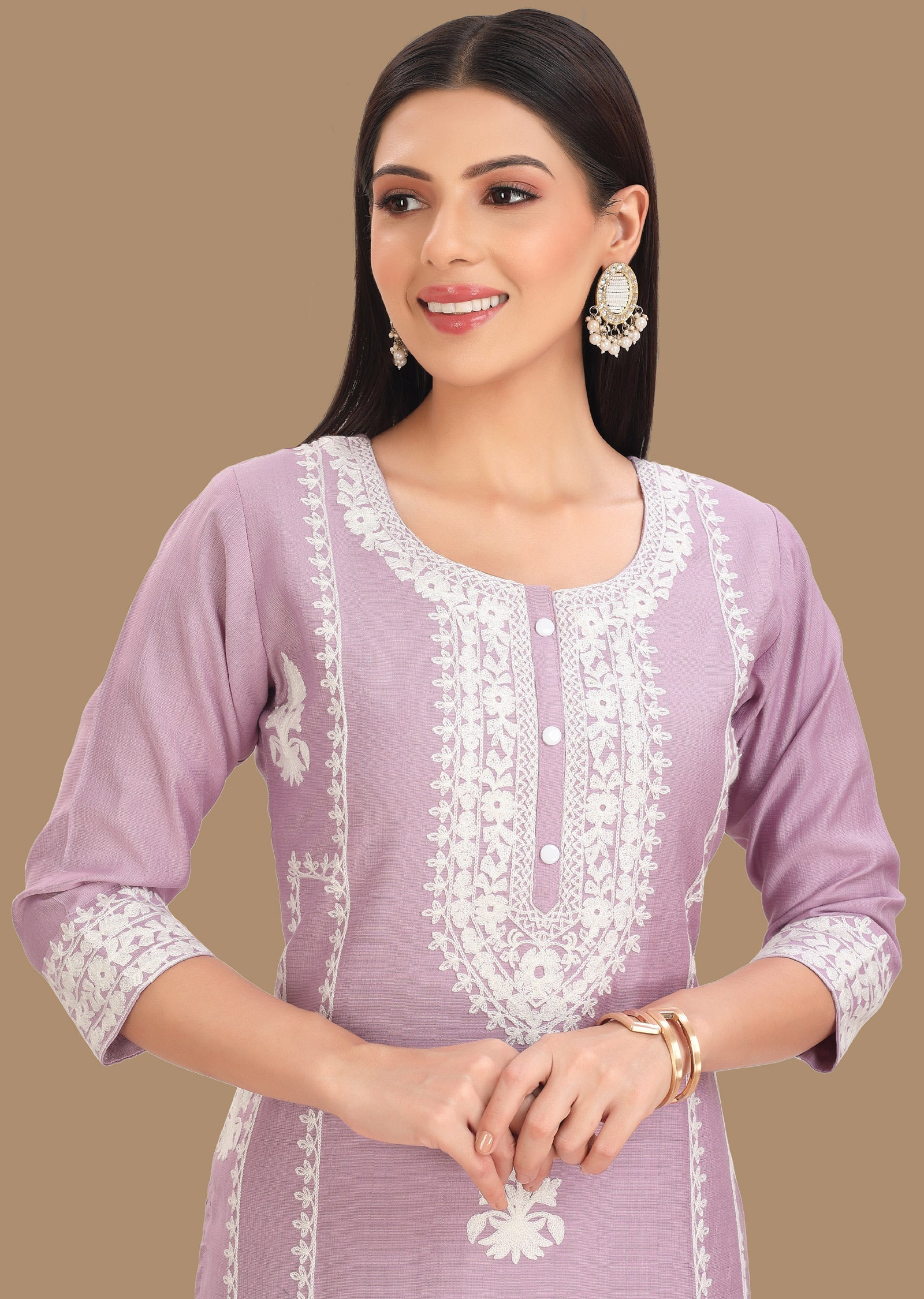 Light Lavender Gold Silk Kurti Staright Cut