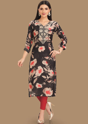 Black & Peach Soft Muslin Kurti Staright Cut