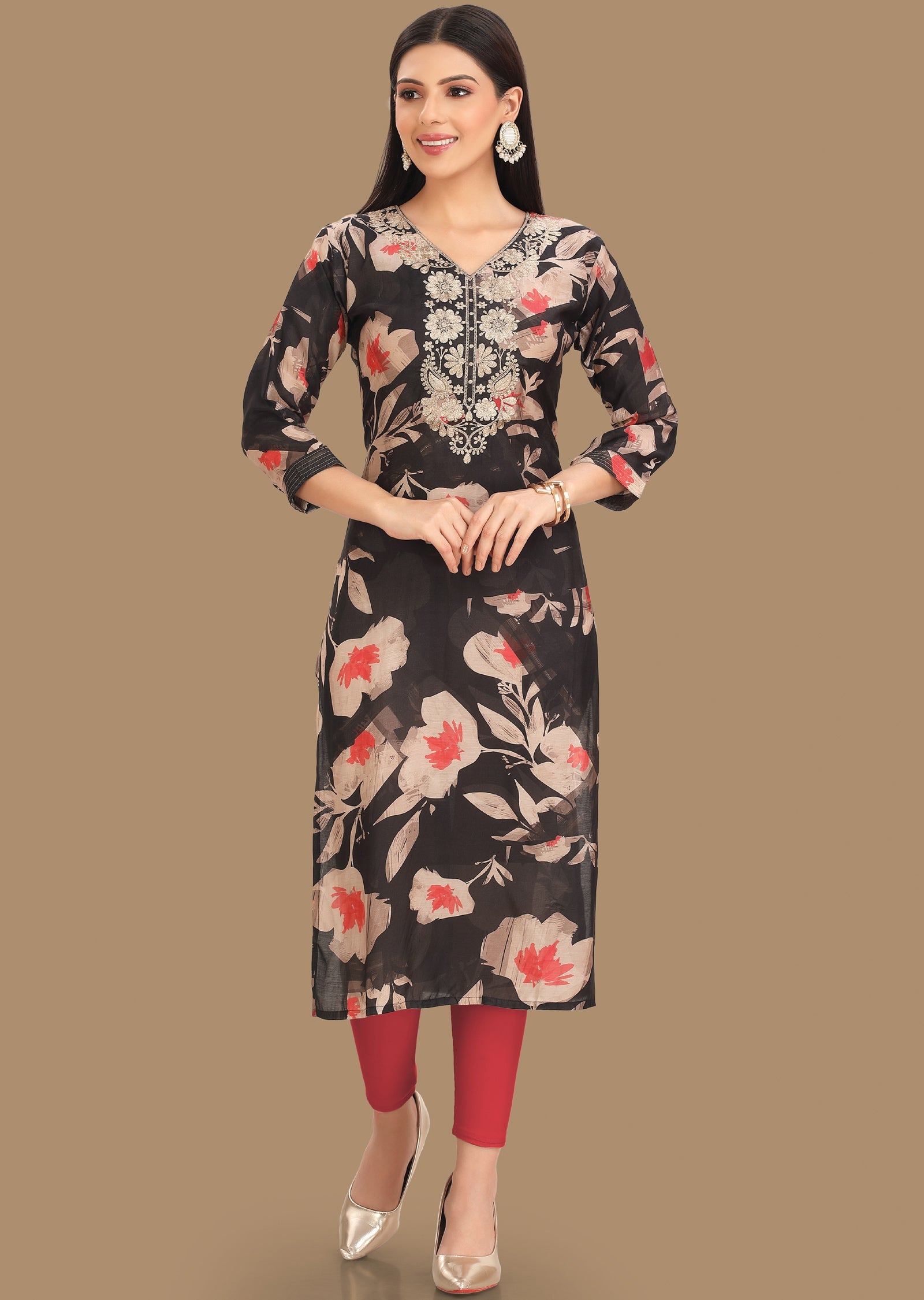 Black & Peach Soft Muslin Kurti Staright Cut