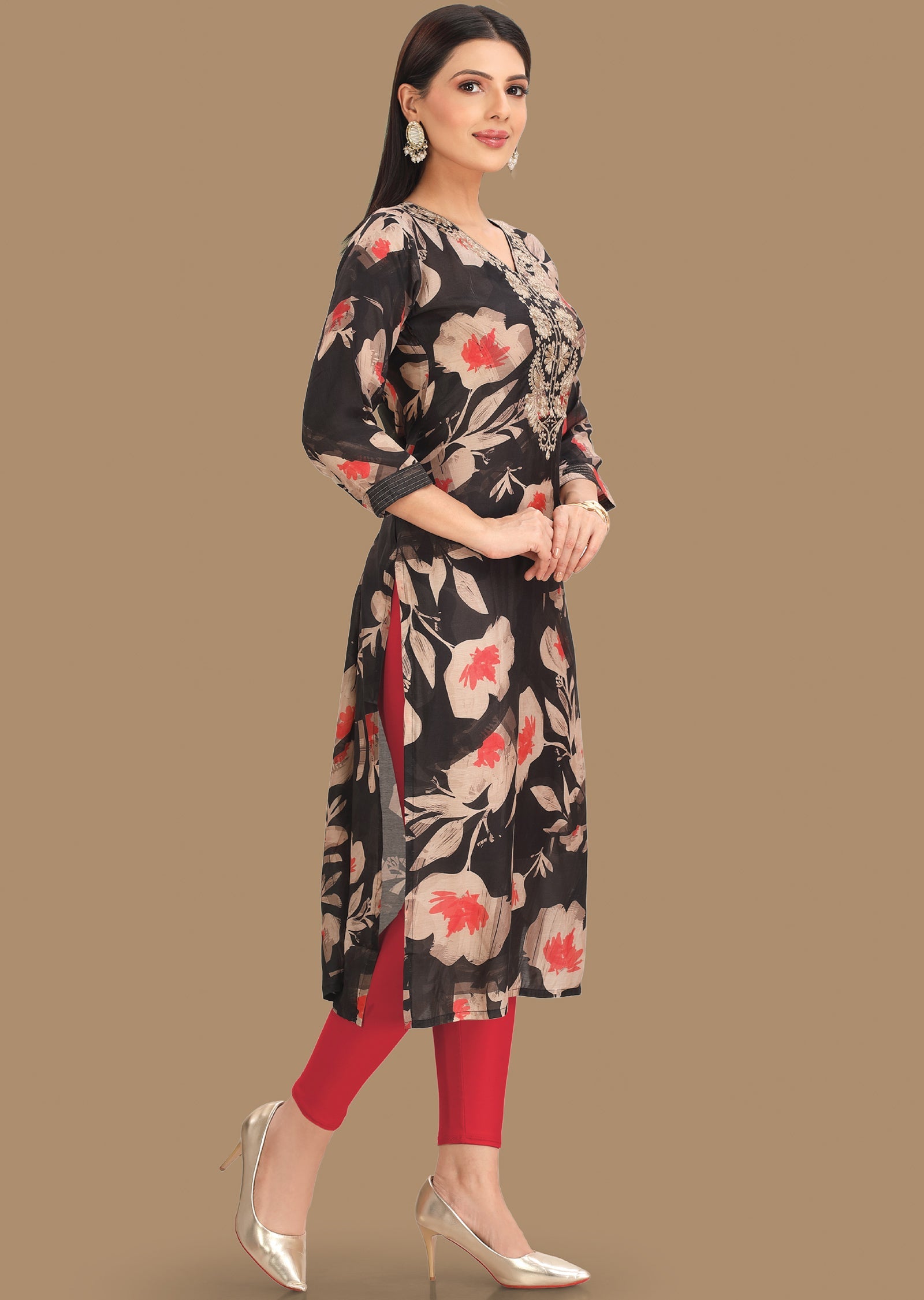 Black & Peach Soft Muslin Kurti Staright Cut