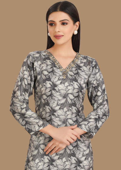 Black & Grey Muslin Kurti Staright Cut