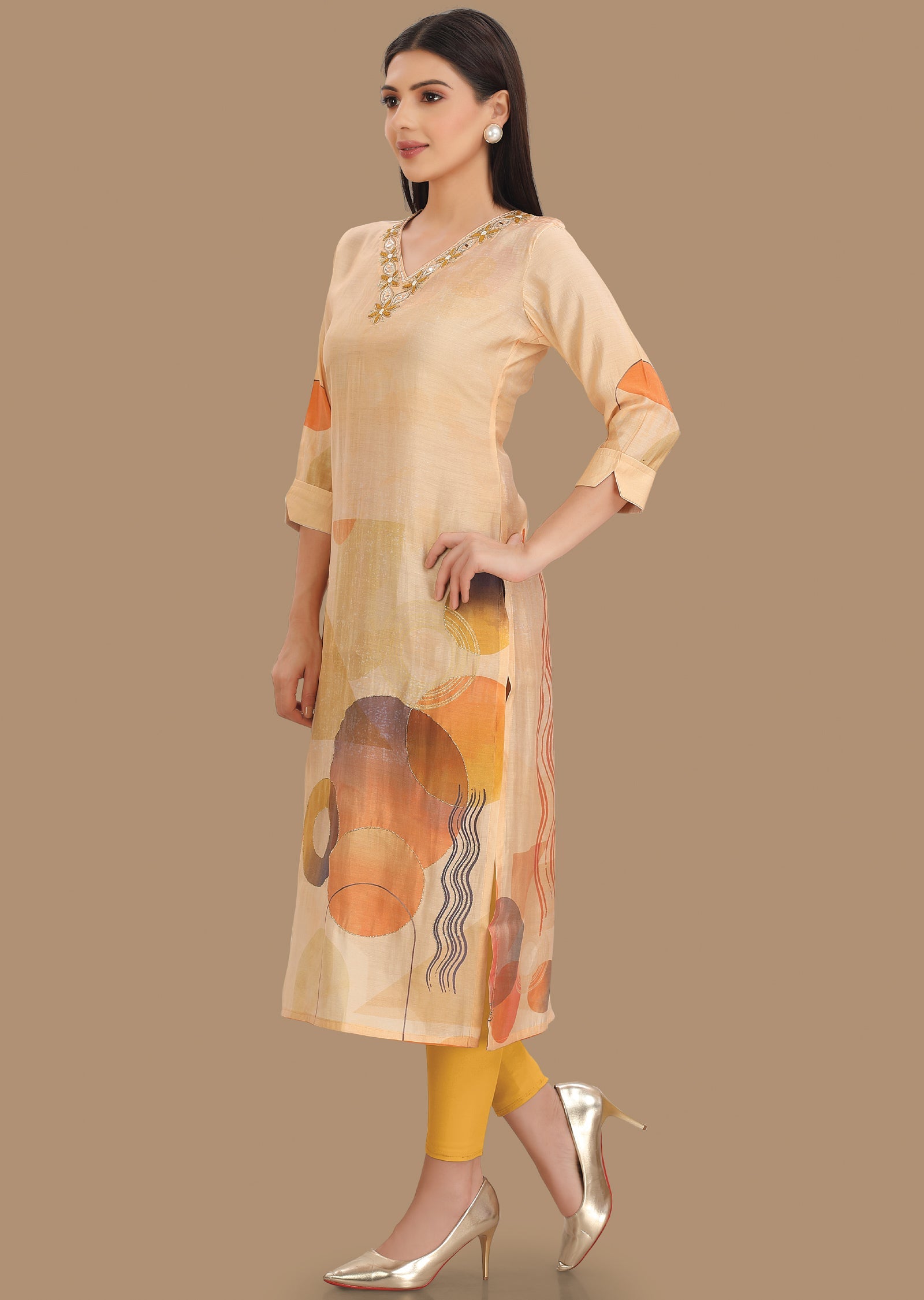 Light Peach Model Kurti Staright Cut