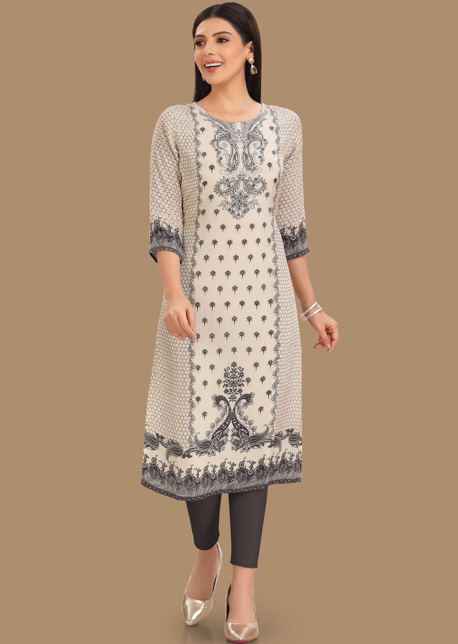 Cream & Black Crepe Kurti Staright Cut