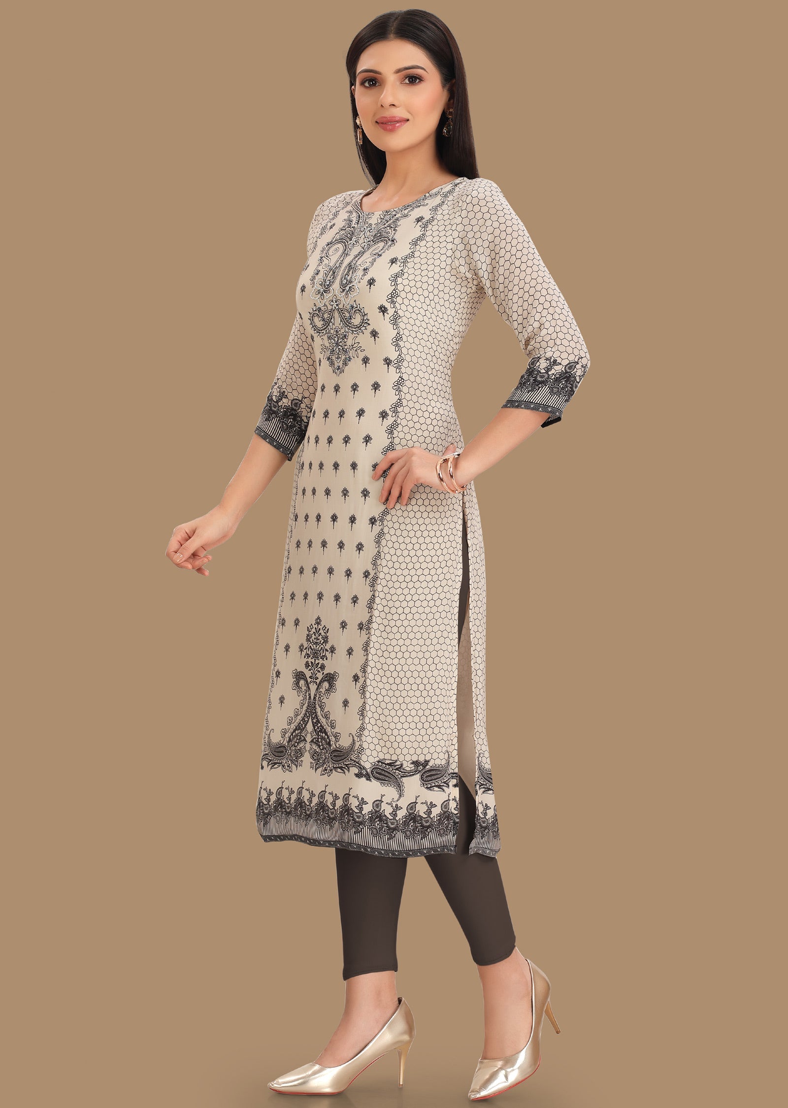 Cream & Black Crepe Kurti Staright Cut