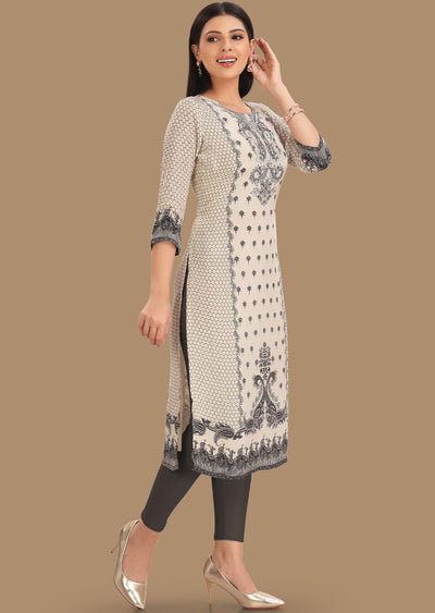 Cream & Black Crepe Kurti Staright Cut