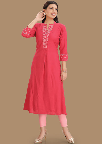 Dark Pink Cotton Kurti Staright Cut