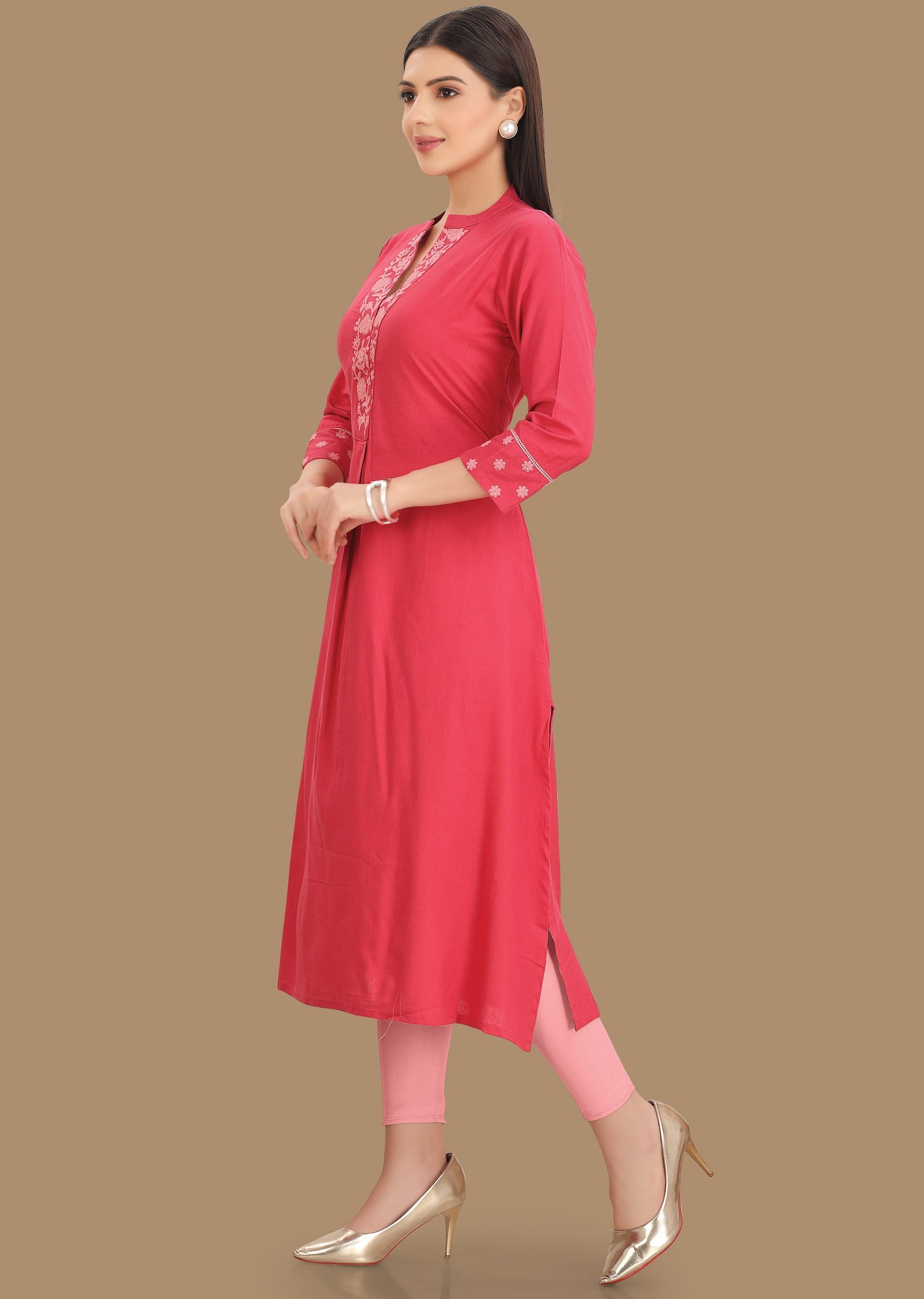 Dark Pink Cotton Kurti Staright Cut