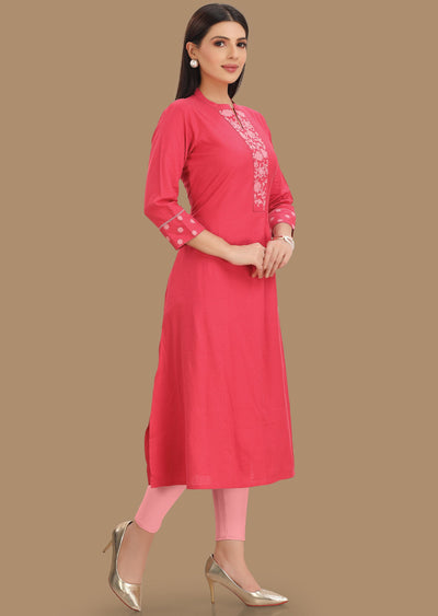 Dark Pink Cotton Kurti Staright Cut