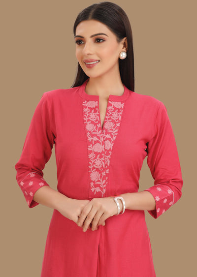 Dark Pink Cotton Kurti Staright Cut