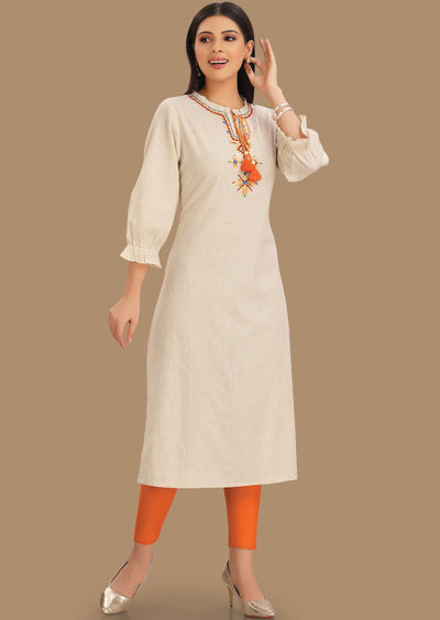 Off White Cotton Kurti Staright Cut