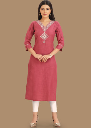 Dark Onion Pink Linen Cotton Kurti Staright Cut