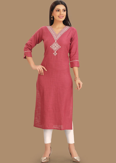 Dark Onion Pink Linen Cotton Kurti Staright Cut