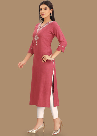 Dark Onion Pink Linen Cotton Kurti Staright Cut