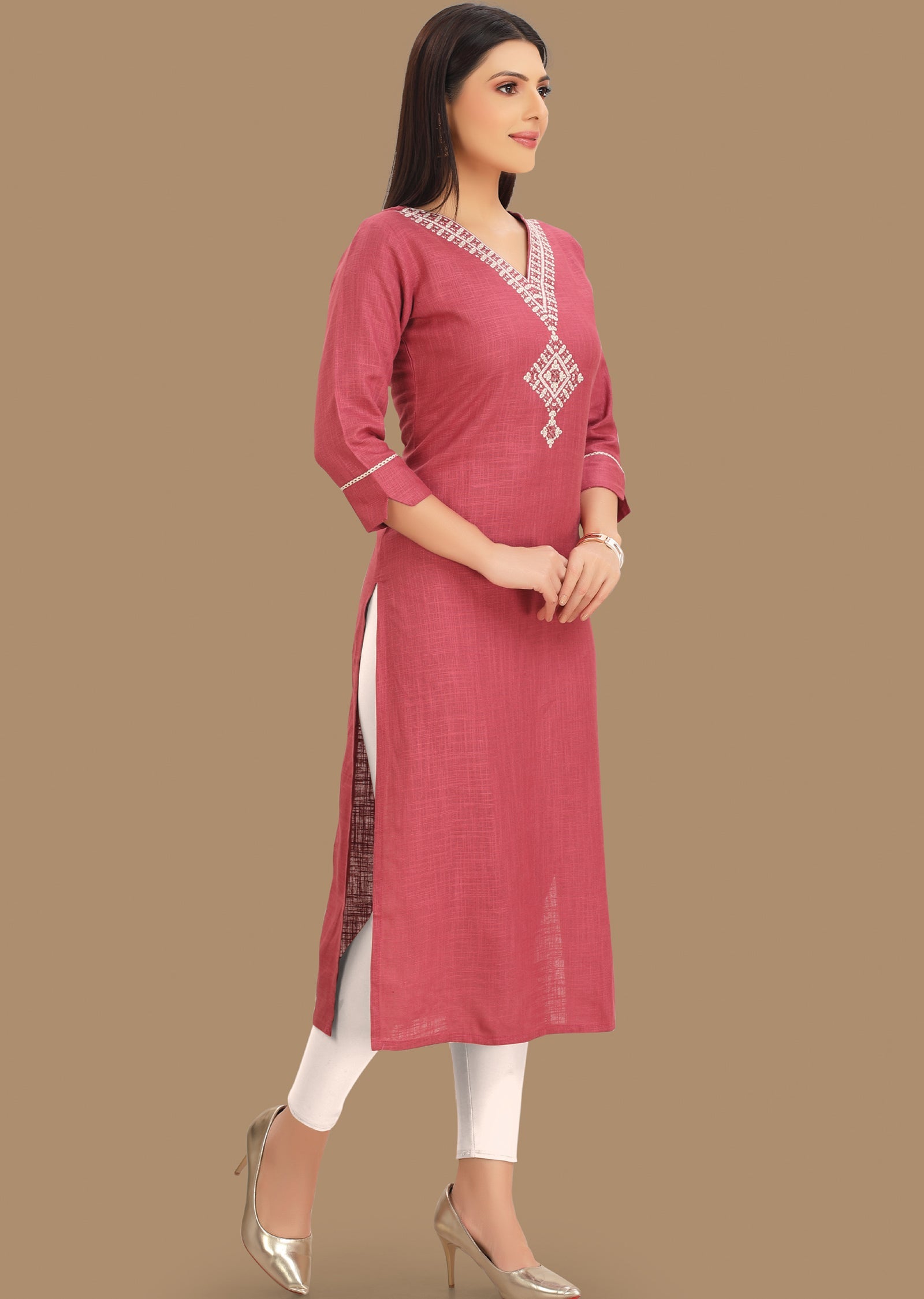 Dark Onion Pink Linen Cotton Kurti Staright Cut