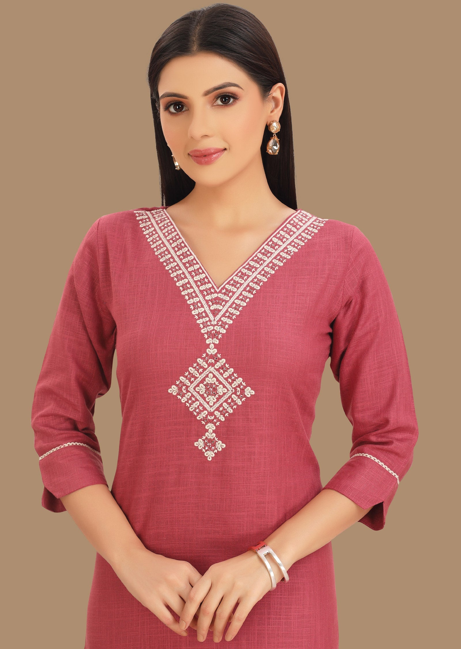 Dark Onion Pink Linen Cotton Kurti Staright Cut