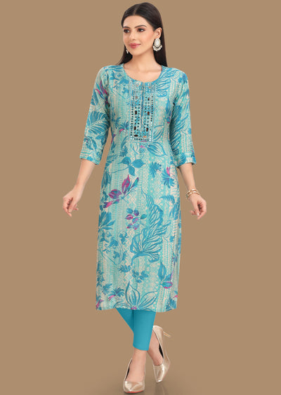 Light Blue Muslin Kurti Staright Cut