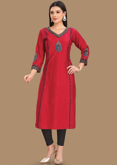 Rani Pink Silk Straight Cut Kurti