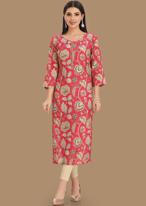 Pink Linen Silk Kurti Straight Cut