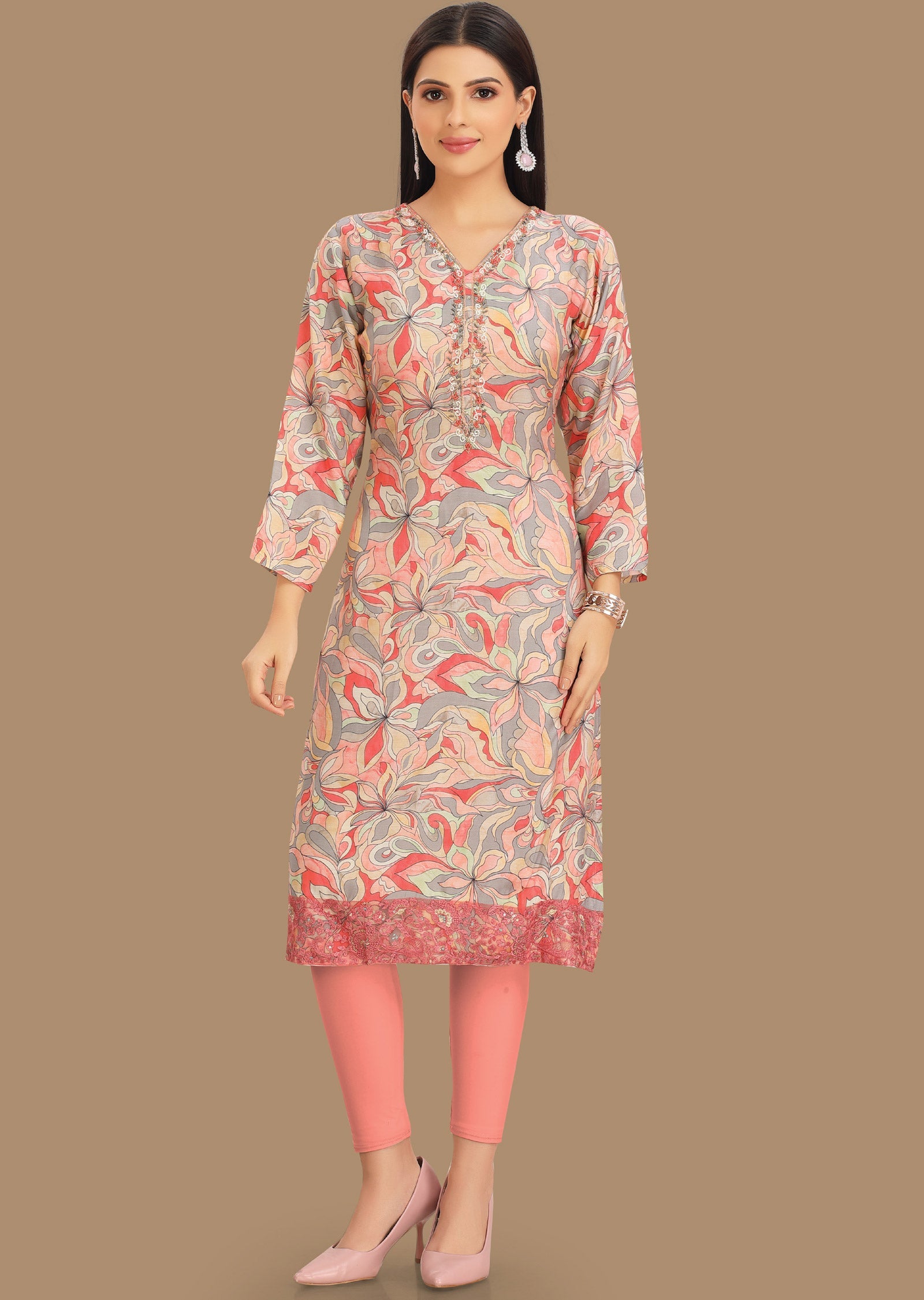 Light Pink & Grey Muslin Kurti Straight Cut