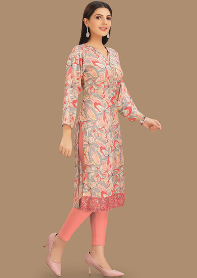 Light Pink & Grey Muslin Kurti Straight Cut