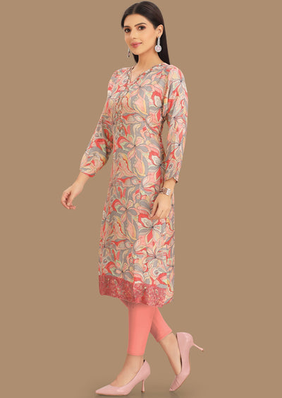 Light Pink & Grey Muslin Kurti Straight Cut