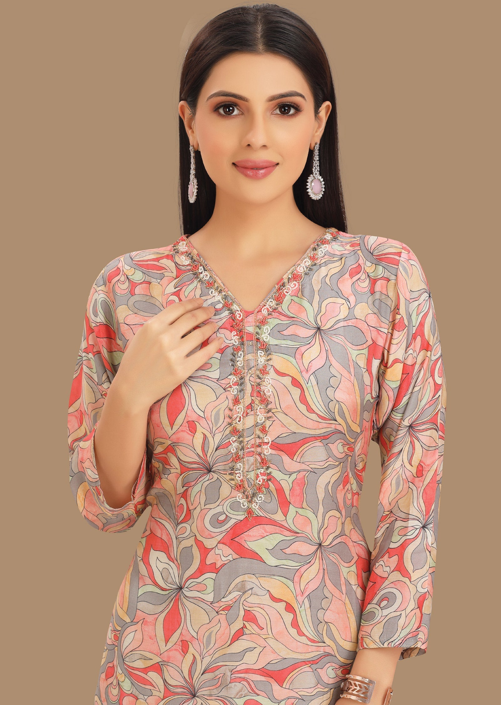 Light Pink & Grey Muslin Kurti Straight Cut