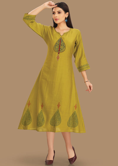 Lime Green Soft Silk Kurti Straight Cut