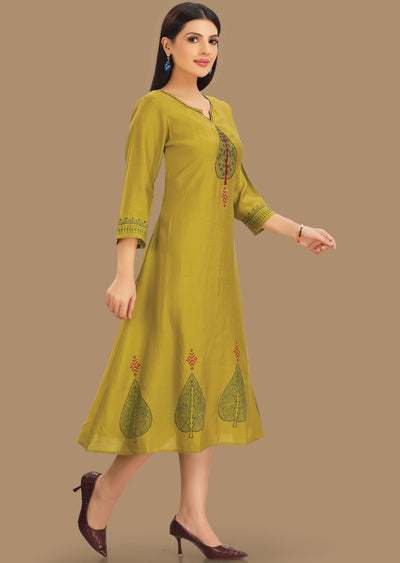 Lime Green Soft Silk Kurti Straight Cut