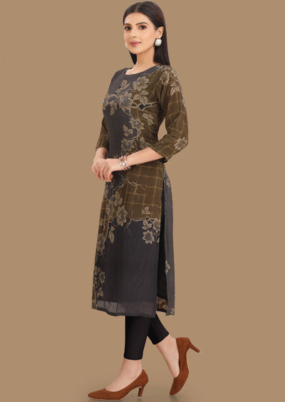 Grey & Olive Crepe Kurti Straight Cut