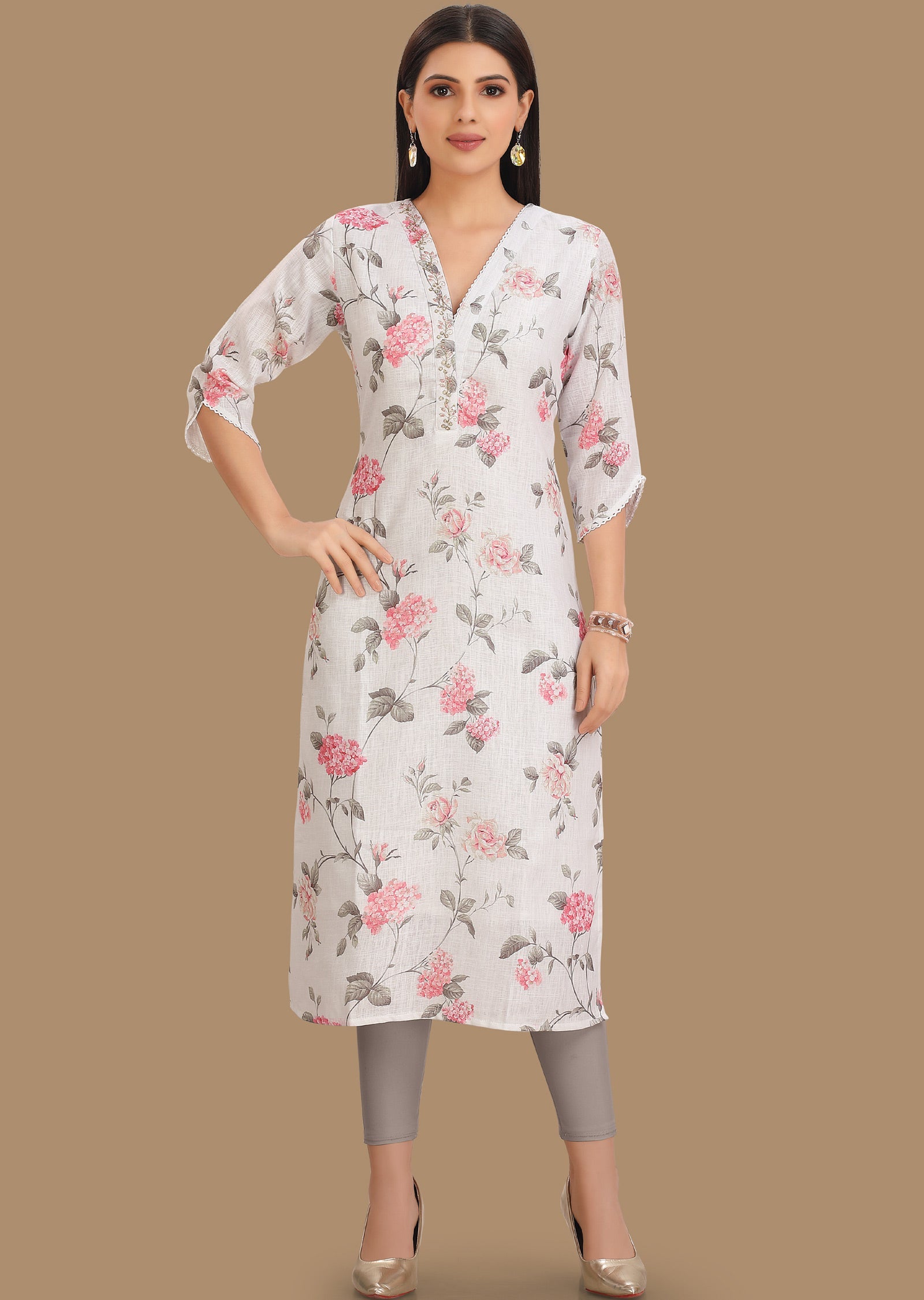 White Linen Cotton Kurti Straight Cut 