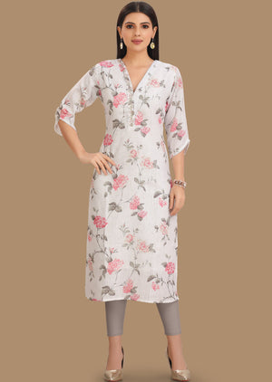 White Linen Cotton Kurti Straight Cut 