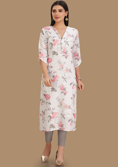 White Linen Cotton Kurti Straight Cut 