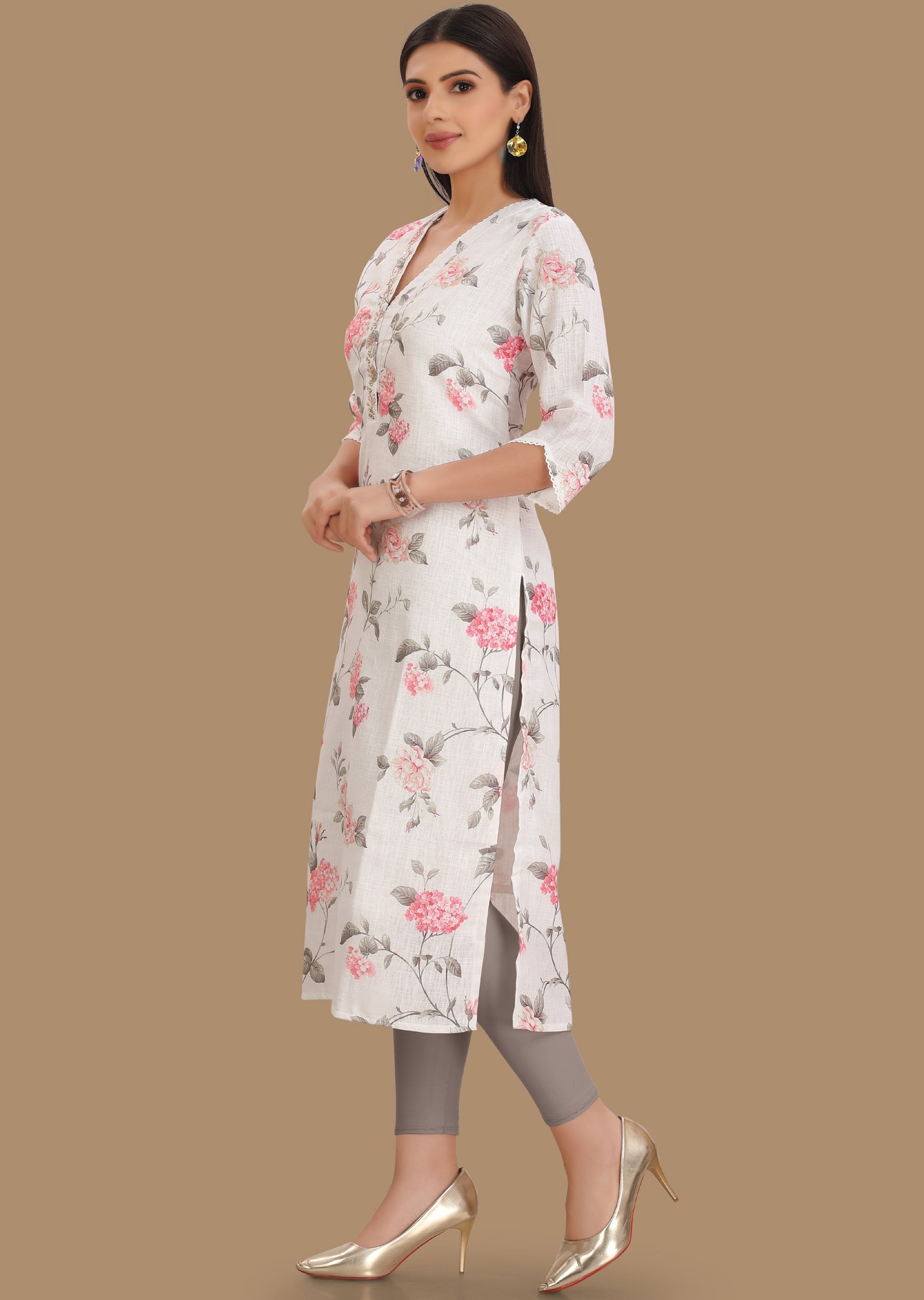 White Linen Cotton Kurti Straight Cut 