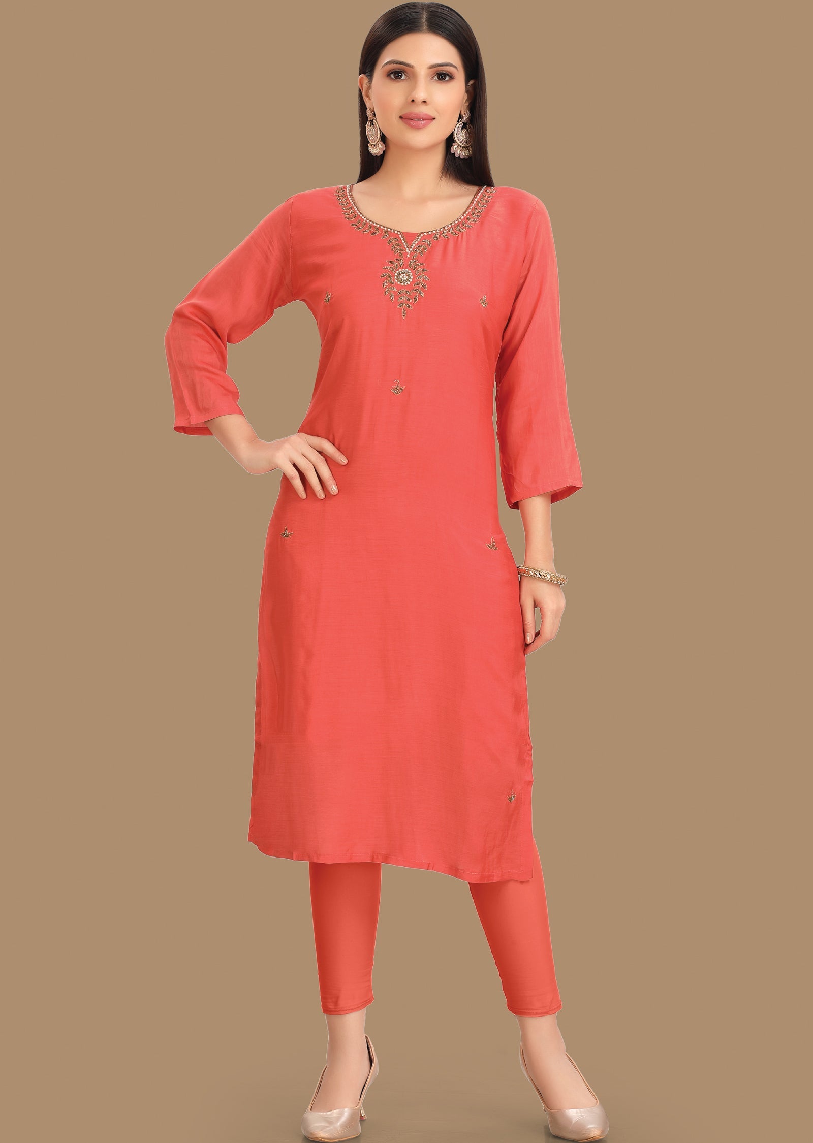 Orange Muslin Kurti Straight Cut 