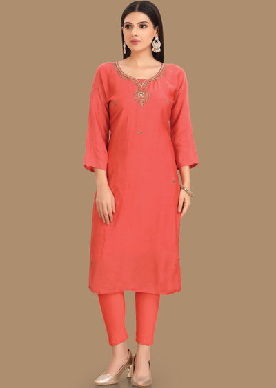 Orange Muslin Kurti Straight Cut 