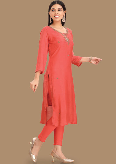 Orange Muslin Kurti Straight Cut 